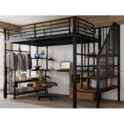 ModernLuxe Hoogbed 120×200 cm - met oplaadpunt - met bureau, opbergplank en kledinghaak - Metaal + MDF - zwart + naturel