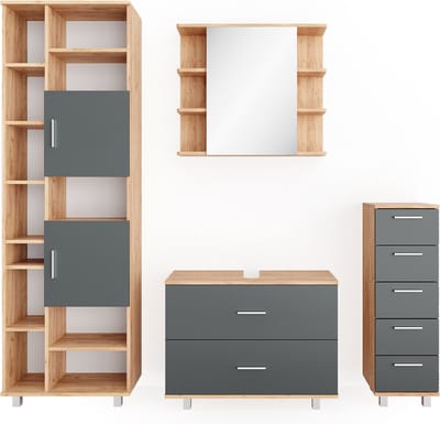 Vicco Badkamermeubel set Ilias, Antraciet/Goudkleurig Eiken, 4-delig