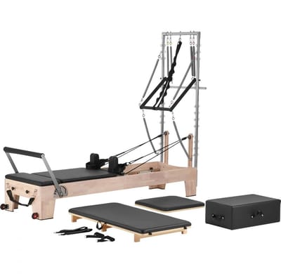 Pilates Reformer - Reformer Machine - Van Rubberhout - Dubbele Weerstand - Inclusief Reformerbox en Springplank - Draagvermogen 181,4 kg - Voor Beginners en Gevorderden