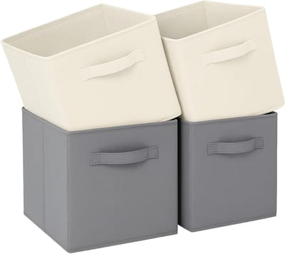 Vouwbare Opbergdozen van Stof met Handvatten voor Thuis, Kinderkamer en Speelgoedorganisatie, Set van 4, 26.7 x 26.7 x 28 cm, Beige en Grijs