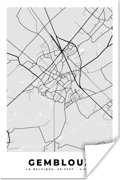 Poster Zwart Wit – België – Plattegrond – Stadskaart – Kaart – Gembloux - 120x180 cm XXL