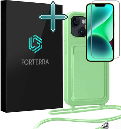 Hoesje Geschikt voor iPhone 13 Pashouder Case Siliconen Hoes Met Koord Met Screenprotector - Hoes Geschikt voor iPhone 13 Met Telefoonkoord Hoesje Back Cover Met Pasjeshouder - Groen