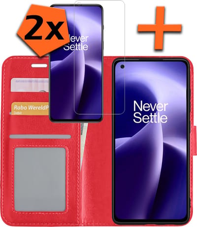 Hoes - Met 2x Screenprotector - Geschikt voor OnePlus Nord 2T - Luxe Pasjeshouder - Bookcase Portemonee - Flip Case - Kunstleer Book Case - Flipcase Hoes - Book Cover - Walletcase - PortemonneeHoes - Rood