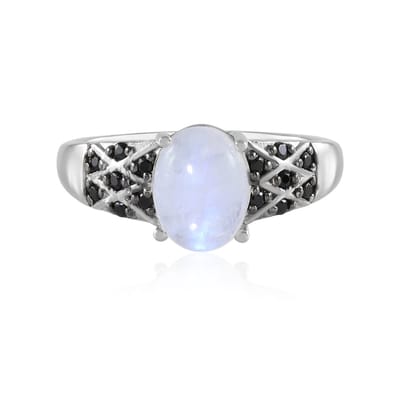 Cavill - Regenboog Maansteen Ring 2,13 ct en 14 Zwarte Spinellen 0,16 ct - 925 Sterling Zilver Geplatineerd - Elegante Ovale Cabochon Pavé Damesring