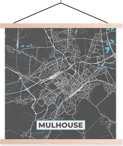 Posterhanger incl. Poster 40x40 cm - Schoolplaat - Mulhouse - Frankrijk - Kaart - Plattegrond - Stadskaart - Textielposter - Blanke latten - Stadskaart