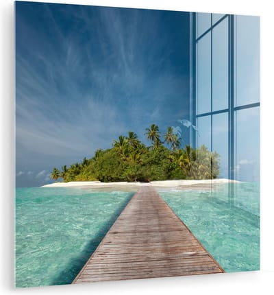 MuchoWow® Glasschilderij 90x90 cm - Schilderij acrylglas - Zee - Pier - Eiland - Foto op glas - Muurdecoratie woonkamer - Wanddecoratie slaapkamer - Schilderijen