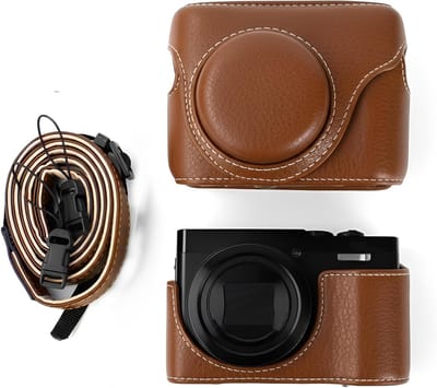 Beschermende cameratas voor digitale camera's met verstelbare schouderriem, PU leer, compacte tas voor veilig vervoer en opslag, Koffie, 4×3×2 inch