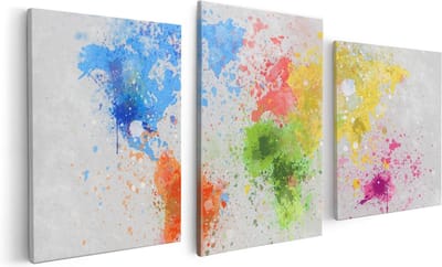 Artaza Canvas Schilderij Drieluik Wereldkaart Met Verfvlekken - Abstract - 120x60 - Foto Op Canvas - Canvas Print