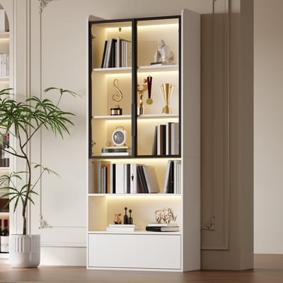 OKWISH Vitrinekast – Met Ledverlichting En App Bediening – 80x34x180 Cm – 1 Lade 2 Glazen Deuren – Hoogglans Wit MDF