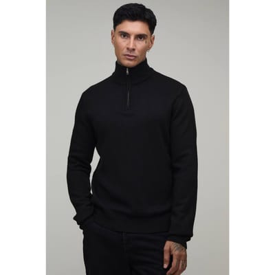 Tall Regular Fit 1/4 Rits Gebreide Trui | Black | Size Small