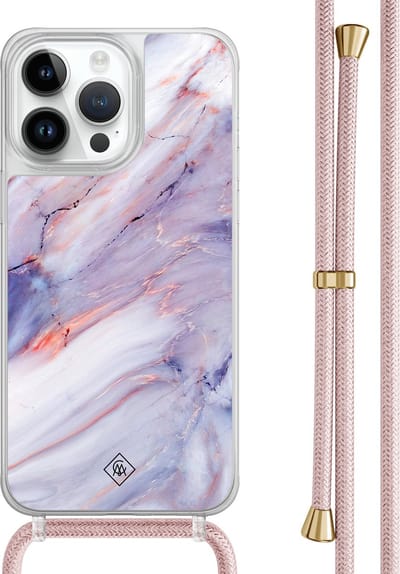 Casimoda® hoesje met rosegoud koord - Geschikt voor iPhone 13 Pro Max - Marmer Paars - Afneembaar koord - TPU/polycarbonaat - Paars