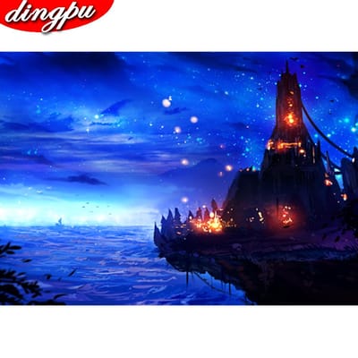 DINGPU DIY Diamant Schilderij Rond Patroon Strass Sets Borduren Kruissteek Landschap Muur Decor Handwerken 20X30CM blue