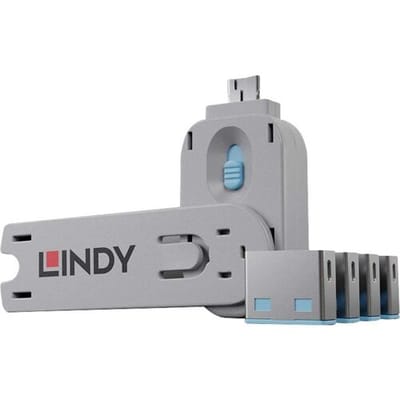 LINDY USB-Lock + Key USB-A-poortslot Set van 4 stuks Blauw Sleutelslot Incl. 1 sleutel
