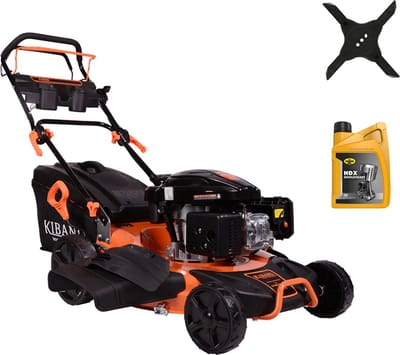 Kibani Benzine Grasmaaier - 196 cc / 4.7 pk 4-takt Motor – Extra Cross Blade & 4T Olie Bonus – Maaibreedte 53 cm – 8 Instelbare Maaihoogtes – Incl. 62L Opvangbak – Mulchfunctie