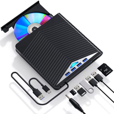 Ynkkvre -Externe USB 3.0 & USB-C Drive met Hoge Snelheid, DVD/CD Branden en 6 Extra Poorten