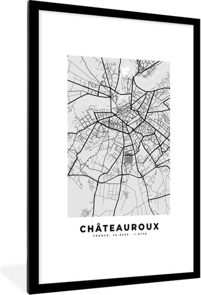 Fotolijst incl. Poster - Kaart - Frankrijk - Stadskaart - Plattegrond - Châteauroux - 80x120 cm - Posterlijst