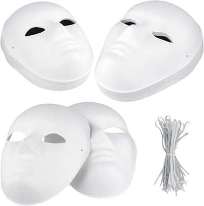Set van 30 Witte Papieren Maskers voor Schilderen, Verfbare Gezichtsmaskers met Elastische Band voor DIY Projecten, Carnaval en Halloween, Maat Vrouwen 21 x 17 cm, Mannen 24 x 18 cm, Creatief en Leuk