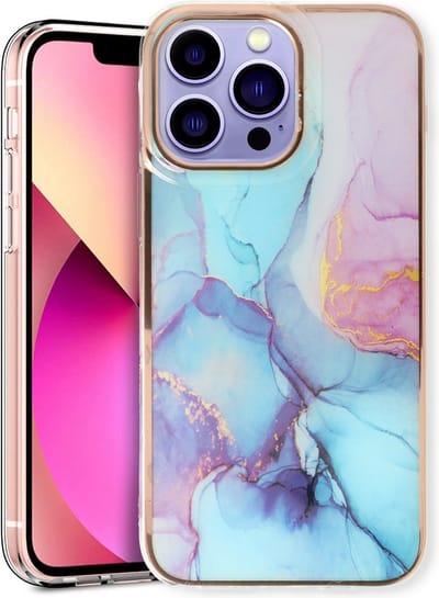 Casemania Hoesje Geschikt voor Apple iPhone 14 Pro Max - Blauw - Siliconen Marmer Back Cover