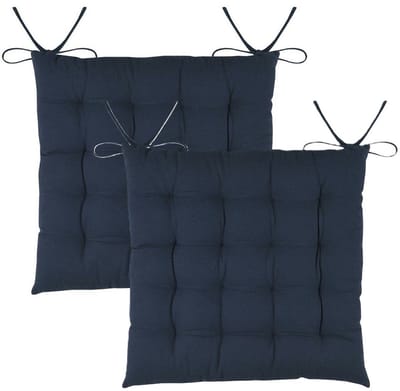 Stof Textile stoelkussens DUO - 2x - donkerblauw - 38 x 38 x 3.5 cm - touwtjes sluiting - zitkussens - binnen/buiten