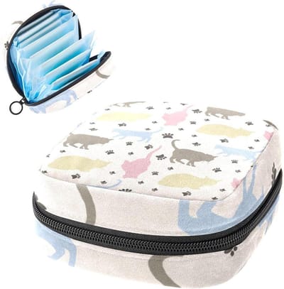 Maandverband Opbergtas,Draagbare maandverband Opbergzak,kat kitty patroon, Meerkleurig, 4.7x6.6x6.6 in/12x17x17 cm
