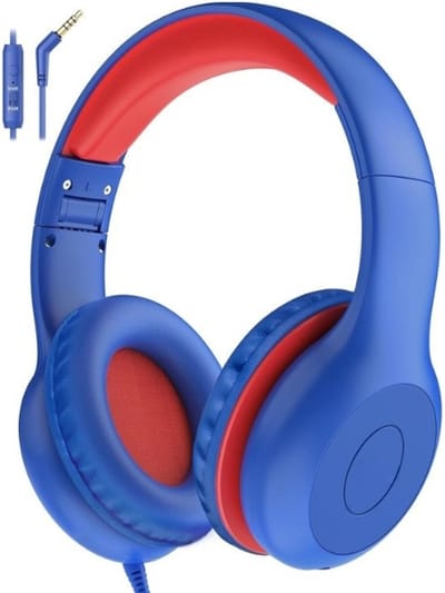 Intelectro Koptelefoon voor Kinderen - Veiligheid en Plezier in Eén! - Hoogwaardige Stereogeluid - Comfortabele Draagervaring - HD Microfoon - Volumeregeling - Brede Compatibiliteit en Audio Delen - Blauw/Rood - Levering Sneller dan Aangegeven!