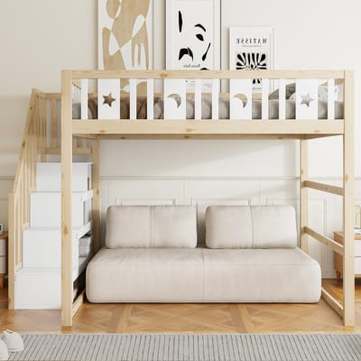 Hoogslaper 140x200cm - kinderbed met ladder - met veiligheidsrek - sterren- en maandecoratie - zonder matras