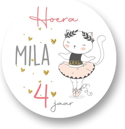 25x Ballerina Poesje Stickers - Gepersonaliseerd met naam en leeftijd - Kitty - Feestje - Traktatiestickers met naam - Sluitstickers - Kinderfeest Traktatie - Uitnodiging - Uitdeeltraktatie - Wensetiket - Rond - 25 stuks - 40mm - Glossy sticker