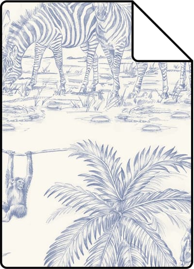 Proefstaal ESTAhome behang toile de jouy jungle blauw en wit - 26.5 x 21 cm - 132121-S
