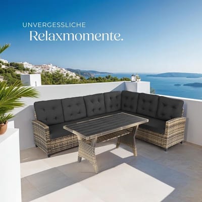 Loungeset met Eettafel XXL 240x185x73 cm – Polyrotan Hoekbank Tuinset met Tafel & Kussens – Modulaire Outdoor Lounge Dining Set voor Terras & Tuin – Natuur – Urbanhome