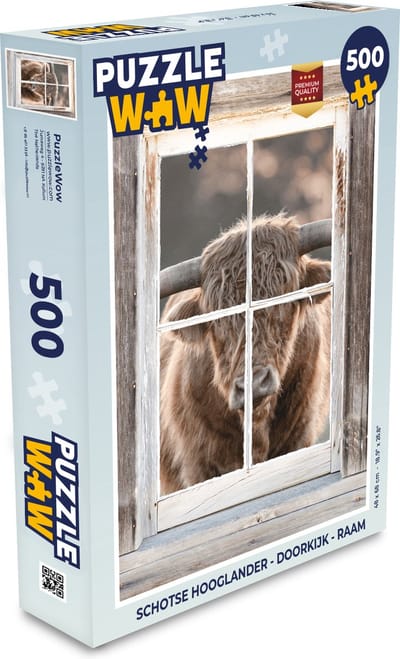 Puzzel Schotse hooglander - Doorkijk - Raam - Legpuzzel - Puzzel 500 stukjes