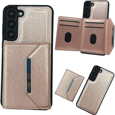 Voor Samsung Galaxy S24+ 5G Effen Kleur Metalen Gesp Kaartsleuven Tas Telefoonhoesje (Rose Goud)
