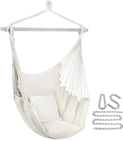 Hanging rocking chair - Comfortable cotton fabric - Portable indoor and outdoor use - Includes cushions