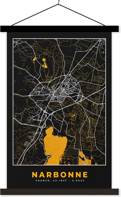 Posterhanger incl. Poster 40x60 cm - Schoolplaat - Kaart – Stadskaart – Narbonne - Plattegrond – Frankrijk - Textielposter - Zwarte latten - Stadskaart