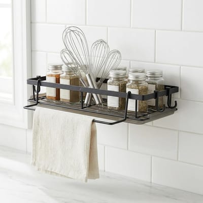 Afneembare Tray en Handdoekhouder met 4 Haken, Carbon Staal Keuken Organizer voor Sponsen en Afwasbenodigdheden, Muurbevestigde Caddy
