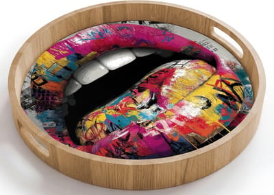 Dienblad rond 40x40 cm - Schootdienblad hout - Lippen - Graffiti - Expressief - Borrelplank rechthoek - Plateau houten dienbladen