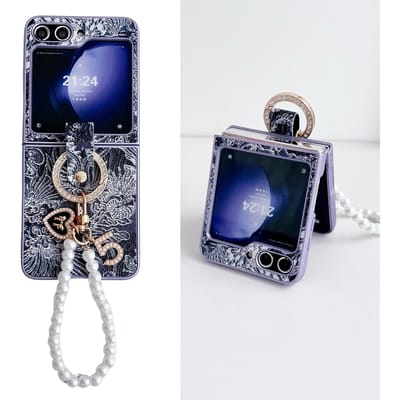 Voor Samsung Galaxy Z Flip 6 5 4 3 hoesje Kleurrijke Chinese stijl patroon leren ringbeugel met armband schokbestendige achterkant for Galaxy Z Flip 5&case with bracelet