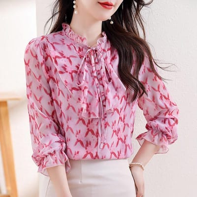 Gerimpeld Bloemen Chiffon Shirt voor Dames In Lente Nieuwe Stijl Top met Lange Mouwen Modieus en Chic Mooi Shirt 3XL pink