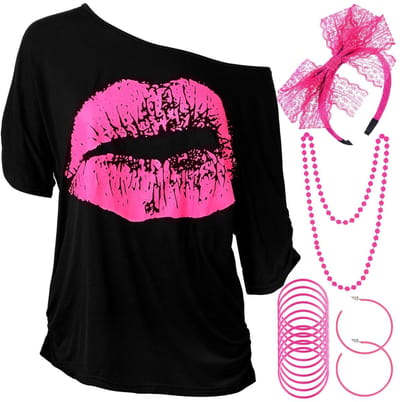 Dailygoody - Halloween jaren 80 kostuum - Dames t-shirt met lippenprint - Inclusief accessoires - Perfect voor 80s themafeest - Uniek en stijlvol