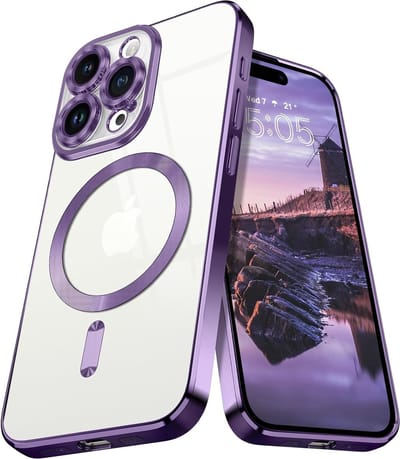 Hoesje Geschikt voor iPhone 15 Pro Max Magsafe hoes - Lens beschermer – backcover – Transparant / Paars