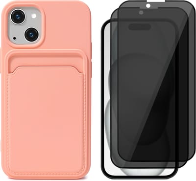 Hoesje Pasjeshouder geschikt voor iPhone 15 - 2x Privacy Screenprotector FullGuard - Siliconen Case Back Cover Roze & Screen Protector