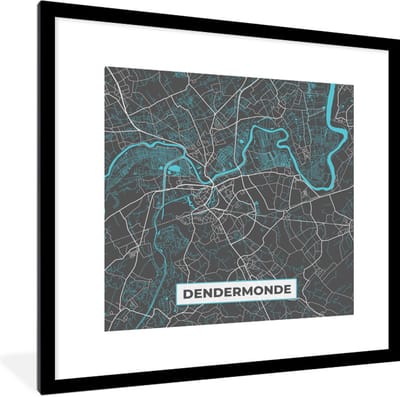 Fotolijst incl. Poster - België – Dendermonde – Stadskaart – Kaart – Blauw – Plattegrond - 40x40 cm - Posterlijst