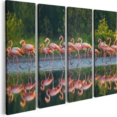 Artaza Canvas Schilderij Vierluik Kudde Flamingo's op het Water - 80x60 - Foto Op Canvas - Canvas Print