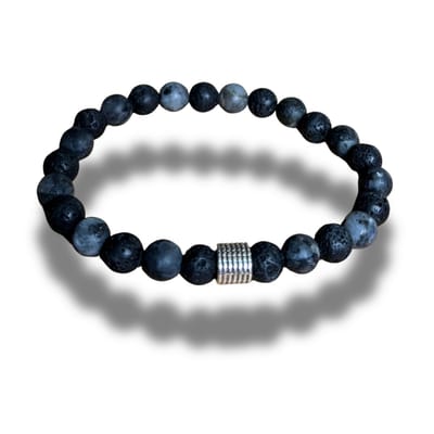 Armband - natuursteen - lava - mat zwarte labradoriet - 8 mm - 21,5 cm - met zilverkleurig element