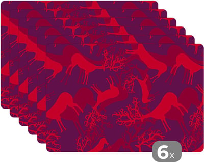 Placemat - Placemats kunststof - Hert - Patroon - Kleuren - 45x30 cm - 6 stuks - Hittebestendig - Anti-Slip - Onderlegger - Afneembaar