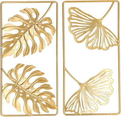 2 Stuks Ginkgo Blad Sculptuur Wanddecoratie in Metalen Afwerking voor Slaapkamer, Kantoor en Woonkamer - Elegant en Uniek Interieuraccessoire
