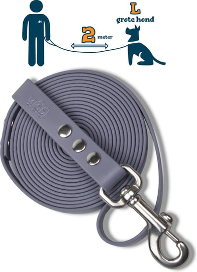 Miqdi hondenriem – BioThane® - grijs – 2meter lang – 19mm breed – L/XL - grote hond