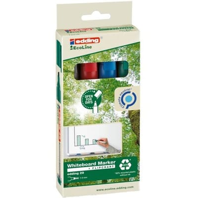 edding 29 EcoLine boardmarker - 4 stuks - zwart/blauw/rood/groen - beitelpunt 1-5mm - geschikt voor whiteboard en flipchart