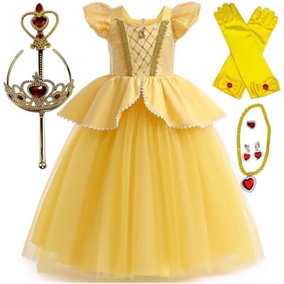 Fille déguisement Halloween cosplay robe de princesse à longs cheveux bébé fête d'anniversaire de Noël vêtements pour enfants 3-10 ans 130 6year beige