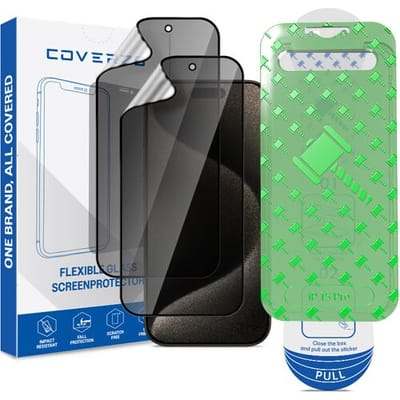 Coverzs Flexibel PMMA Glass Privacy Screenprotector met frame (2-pack) geschikt voor iPhone 15 Pro – Privacy Glas – Flexibel Glas – Beschermfolie met Montageframe – Premium Schermbescherming