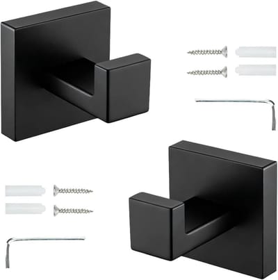 Set van 2 RVS Handdoekhaken met Zwarte Matte Afwerking, Eenvoudig te Reinigen, Inclusief Schroeven en Sleutel, Geschikt voor Badkamer, Balkon en Woonkamer
